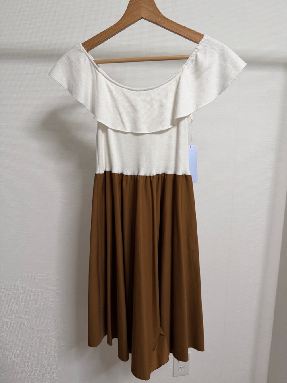 ADORA White and Brown Off-Shoulder Midi Dress